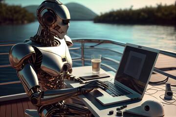 Poster - Generative AI humanoid robot working on laptop computer on yacht deck.