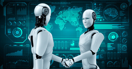 Poster - 3D rendering hominoid robot handshake to collaborate future technology development by AI thinking brain, artificial intelligence and machine learning process for 4th industrial revolution.