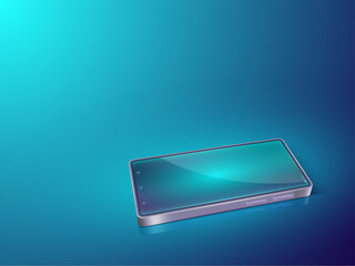 Fototapete - Smartphone on table. Digital blue phone. Mobile cellphone concept. Touch screen device in dark. Cellular technology. Telephone interface. Vector electronic presentation blank banner