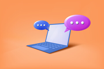 Poster - 3D laptop icon. Speech bubble in notebook. Discussion screen render. Balloon for web chatting. Digital communication. Internet messenger. Computer technology. Vector illustration concept