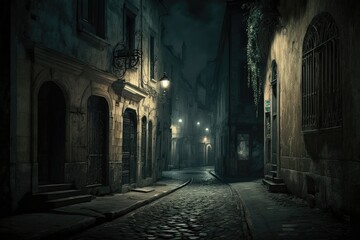 Poster - Street in the old town on dark background. Generative AI