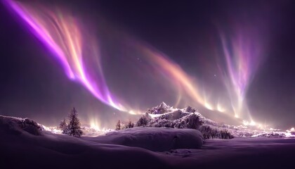 abstract of aurora in fantastic forest with magical purple light. concept of polar scape with mounta