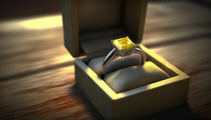 Wall Mural - Luxury diamond and yellow sapphire ring in open gift box created with generative AI technology