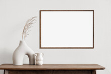 Blank Wooden Picture Frame Mockup On Wall In Modern Interior. Horizontal Artwork Template Mock Up For Artwork, Painting, Photo Or Poster In Interior Design