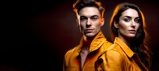 Banner of beautiful fashion couple matching color clothes. Generative AI.