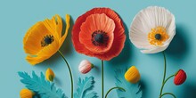 Spring Scene Displaying Colorful, Natural Flowers With Red, Yellow, And White Poppies On A Light Blue Backdrop, Generative AI