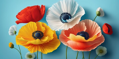 Wall Mural - Stunning floral backdrop of red, yellow, and white poppies on a light blue spring canvas, Generative AI