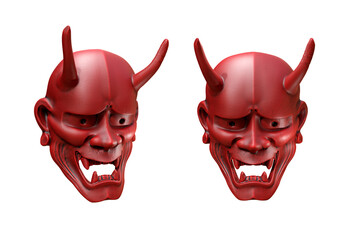 3d rendering japanese oni masks powerful and feared angry red perspective view