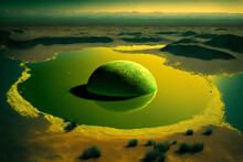 Aerial View Of A Strangely A Green And Yellow Planet, Abstract, Planetarium, Generative AI