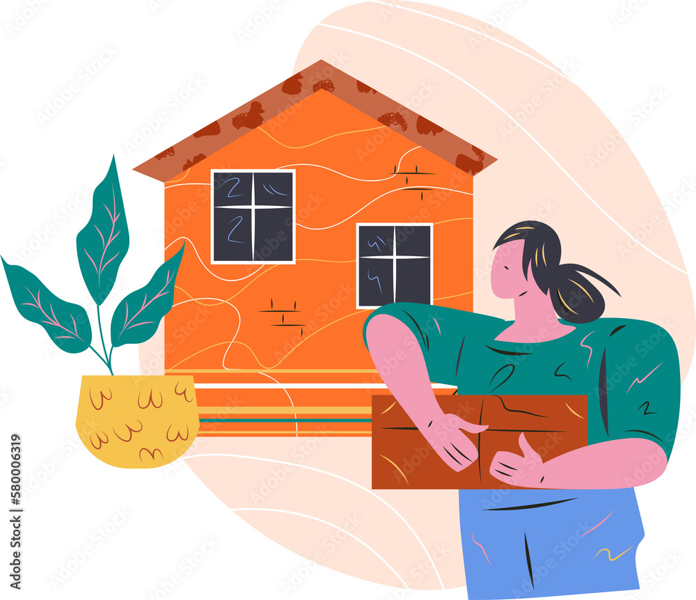 Moving to a new house and relocation with cartoon woman carrying packed ...