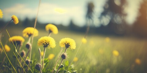 Wall Mural - The sky complements a pretty meadow field of fresh grass and yellow dandelion flowers for spring/summer, Generative AI