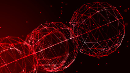 Poster - Abstract spheres with connected dots and lines. Illustration with elements of viruses, bacteria on a dark background. 3d