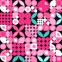 Bauhaus abstract geometric seamless pattern background, vector berries, green leaves. Minimalist art of fruits with simple shapes square, circle, triangle raspberry in Scandinavian style for banner