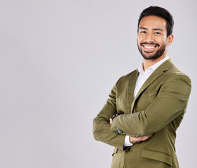 Mockup, business and portrait of man with smile on white background for success, leadership and confidence. Copy space, crossed arms and happy male in professional clothes for advertising in studio
