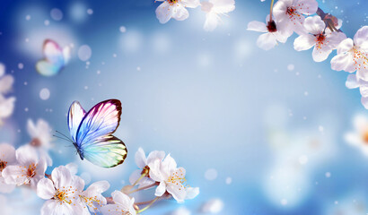 Wall Mural - blossom tree over nature background with butterfly. spring flowers. spring background. blurred conce