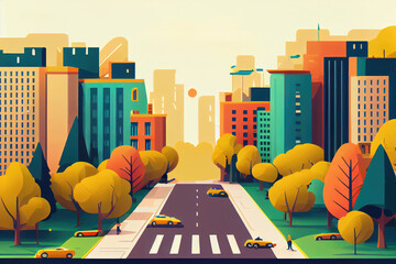 Wall Mural - Busy urban cityscape template with modern buildings roads futuristic traffic and park trees.