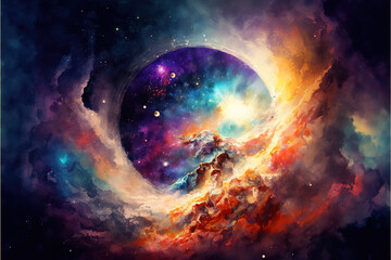 watercolor glowing space with stars. fantasy galaxy generative ai background
