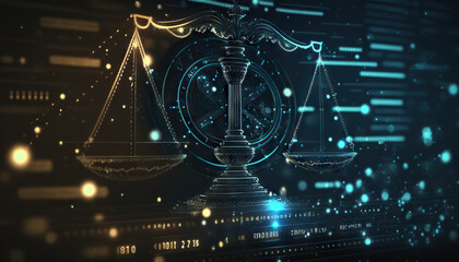 Law scales on background of data center. Digital law concept of duality of Judiciary, Jurisprudence and Justice and data in the modern world. Copy space. Based on Generative AI