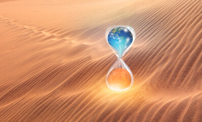 Poster - Global warming concept-Planet Earth is becoming a dead planet like Mars - Hourglass inside Planet Earth and Mars isolated- sand dune 