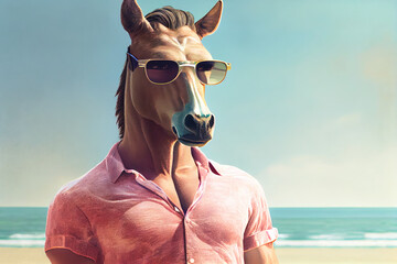Wall Mural - Handsome horse at the beach ocean view. Funny Summer vacation, holidays concept. Generative AI.