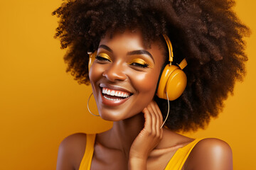 Wall Mural - Black woman with afro hair and headphones laughing and listening to music on yellow, generative ai