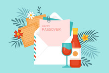 Happy Passover Holiday Concept With Envelope, Matzah. Wine Glass And Flowers. Vector Illustration