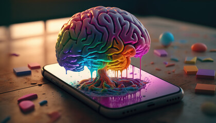 Smartphone absorbs brain, the concept of the Internet and computer dependence created with generative AI technology