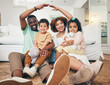 © Charlize D/peopleimages.com - Family, security and insurance with parents and children in portrait, hands together for roof with shelter and safety. Black man, woman and kids, together and love with care, cover for home and life