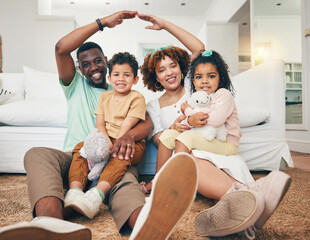 Family, security and insurance with parents and children in portrait, hands together for roof with shelter and safety. Black man, woman and kids, together and love with care, cover for home and life