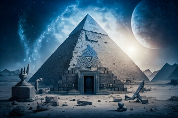 Wall Mural - Pyramid with astrology and esoteric symbols on it. Esoteric, ancient wisdom or freemasonry concept composition. Created with Generative AI technology.