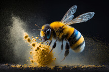 Close Up Of A Bumble Bee With Yellow Flower Pollen Explosion. Generative Ai