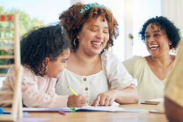 Sticker - Learning, laughing and mother, grandmother and kid in home, helping with homework and homeschool. Family education, comic and happy girl with funny grandma and mama teaching her drawing with book.