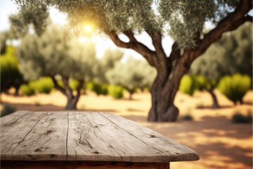 Focus empty wood table with blurred natural olive tree background. Concept of blank space for advertising product. Finest generative AI.