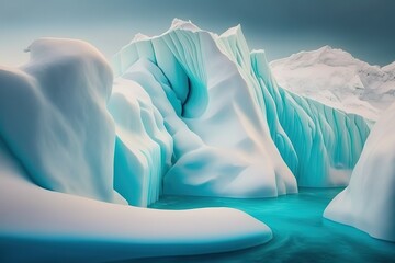 Poster - Lake in a snowy mountain cliff under a blue sky. Generative AI