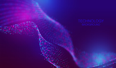 Futuristic cyber big data technology and science vector with particles dots. Glowing abstract internet stream background. Neon explosion splash blurred waves shapes design. 