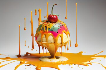 Poster - A glass with a beautiful tropical ice cream with fruits. Generative AI