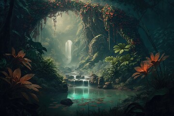 Poster - Waterfall in the tropic forest. Generative AI