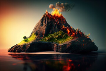 Poster - The current volcano with a burning lava on the island in the sea. Generative AI