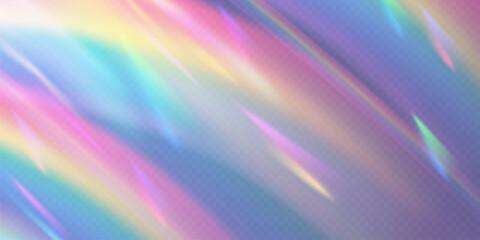 Wall Mural - Rainbow light prism effect, transparent blue background. Hologram reflection, crystal flare leak shadow overlay. Vector illustration of abstract blurred iridescent light backdrop.