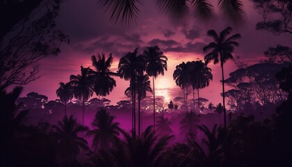 Poster - Purple sky and palm trees.Generative AI