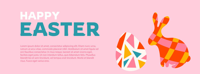 Wall Mural - Happy Easter background with bunny and egg. Sitting rabbit and egg decorated with geometric patterns. Modern minimal backdrop with copy space for text Vector illustration