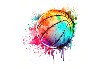 Poster - basketball ball is drawn with multi-colored watercolors isolated on a white background. Generated by AI