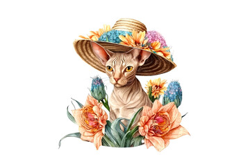 Wall Mural - cat canadian sphynx in a hat with flowers painted with colored watercolors isolated on a white background. AI generated