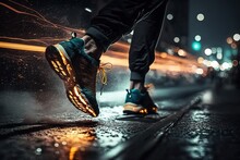 Close Up Shot Of Sneakers Walking In The Street Under The Rain. Long Exposure, City Lights At Night As Background. Generative Ai Illustration