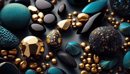 Vibrant and dynamic, stones wallpaper, featuring an array of golden and teal black colorful stones, arranged in an abstract pattern. ai generative