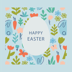 Poster - Easter background with colorful eggs on square frame background with text Happy Easter. decorated easter card, banner.