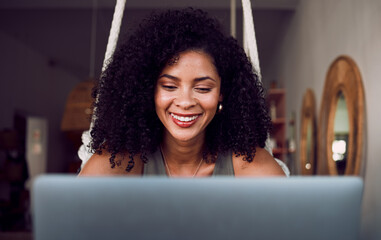 Poster - Coffee shop, working and face of black woman with laptop smiling, happy and excited to start project. Entrepreneur, freelancer and businesswoman typing, writing and reading work on computer in cafe