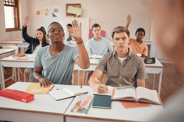 Poster - Classroom, knowledge question and students hands with exam learning problem, education fail or language teacher assessment. Hand sign, school and youth or teenager group in teaching course for a test