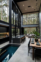 modern outdoor swimming pool area with large forest and details, modern minimal kitchen. generative AI