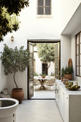 outdoor tuscan courtyard, leafy, clean minimal bright white fresco patio, modern kitchen, generative AI